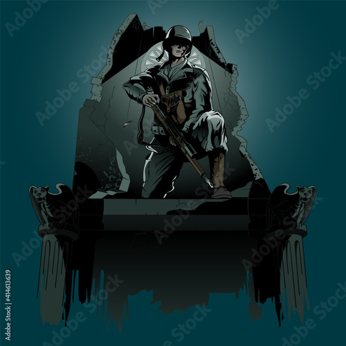Sniper crouch position at the top of church tower looking at the fallen target vector illustration for design element, poster, tshirt graphic
