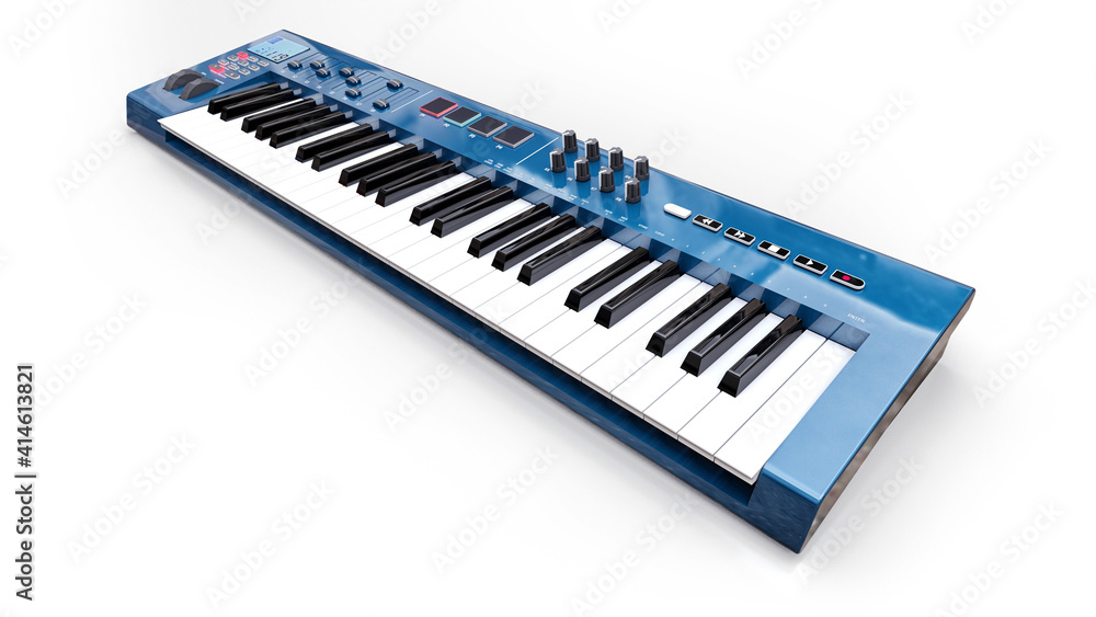 Blue synthesizer MIDI keyboard on white background. Synth keys close-up. 3d rendering. Blue synthesizer MIDI keyboard on white background. Synth keys close-up. 3d rendering.