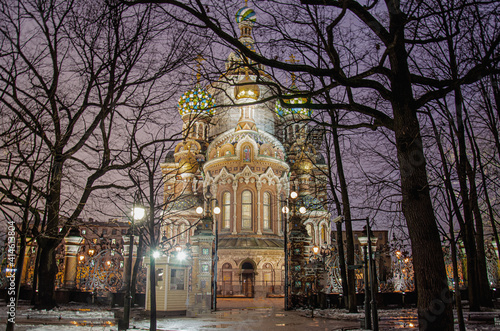 Temple of the Savior on Blood in St. Petersburg. architecture, russia, building, sky, history, cross saint, culture, old, blue, night