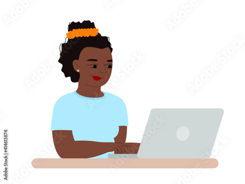 Vector illustration american african freelancer girl working on laptop at home. Black happy woman in the office at the computer flat style.