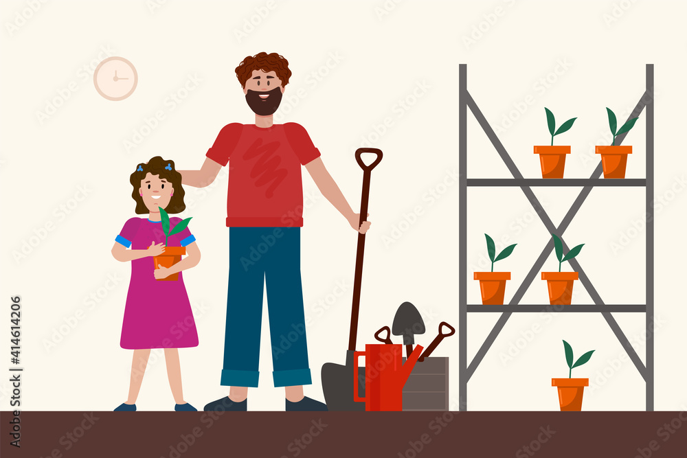 Dad and daughter in the garden. The family digs, plants, and waters. A man with a child in nature. Flat vector cartoon illustration with people. Vector illustration Dad and daughter in the garden. The family digs, plants, and waters. A man with a child in nature. Flat vector cartoon illustration with people. Vector illustration