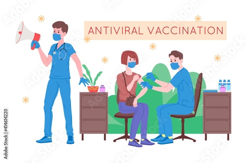 Fototapeta Naklejka Na Ścianę i Meble -  Vaccination concept for immunity health. Vaccine anti Covid-19. Doctors makes an injection of flu vaccine to pacient in hospital and inviting next. Healthcare, coronavirus, prevention and immunize.
