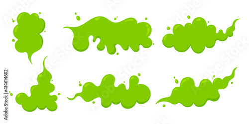 Smelling green cartoon fart cloud flat style design vector illustration set. Bad stink or toxic aroma cartoon smoke cloud isolated on white background.