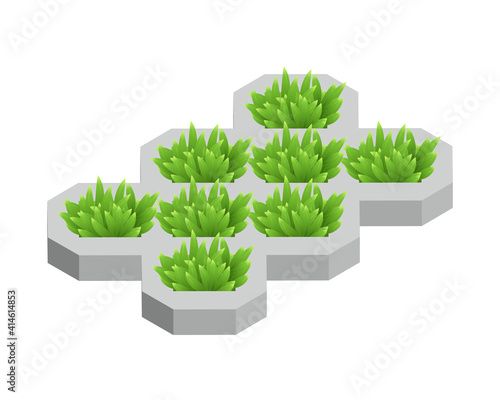 Isometric vector illustration concrete grid pavement with green grass isolated on white background. Realistic turfstone icon in flat cartoon style. Pavement floor brick. Street tile. Green grass lawn.