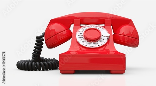 Old red dial telephone on a white background. 3d illustration.