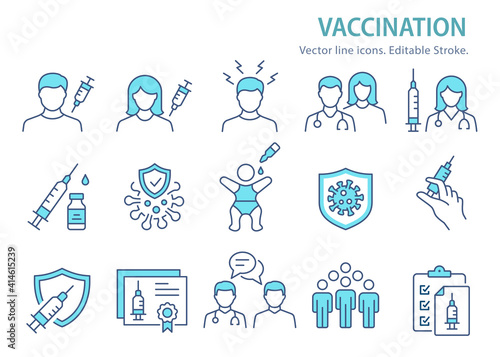 Vaccine icon set. Collection of injection, syringe, immune, virus. Vector illustration. Editable Stroke.