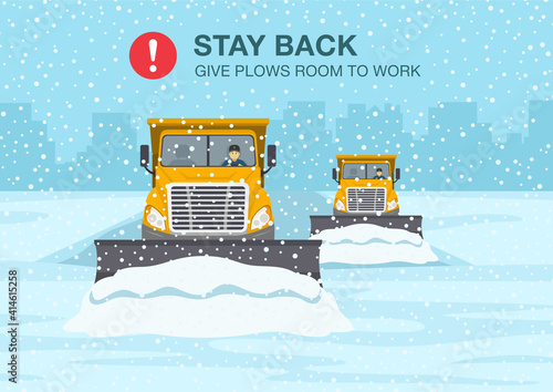 Safety winter driving rule. Snow plow truck is clearing snow away on winter highway. Flat vector illustration template.