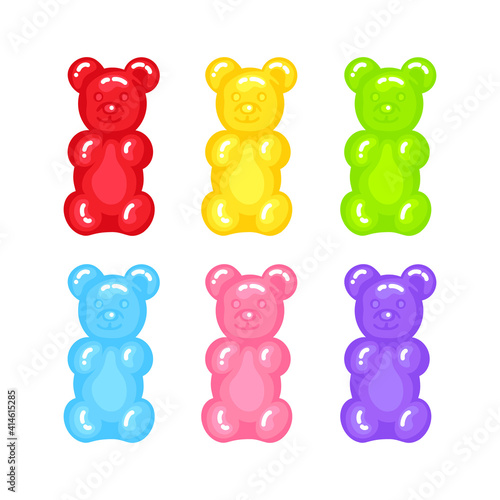 Gummy bear jelly sweet candy set with amazing flavor flat style design vector illustration. Bright colorful jelly delicious sweets collection isolated on white background.