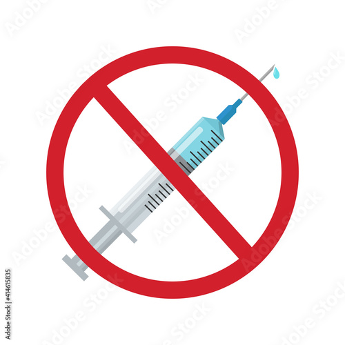 Syringe with a forbidden sign. No syringe icon isolated. Refusal vaccination, drugs, narcotic. Vector illustration