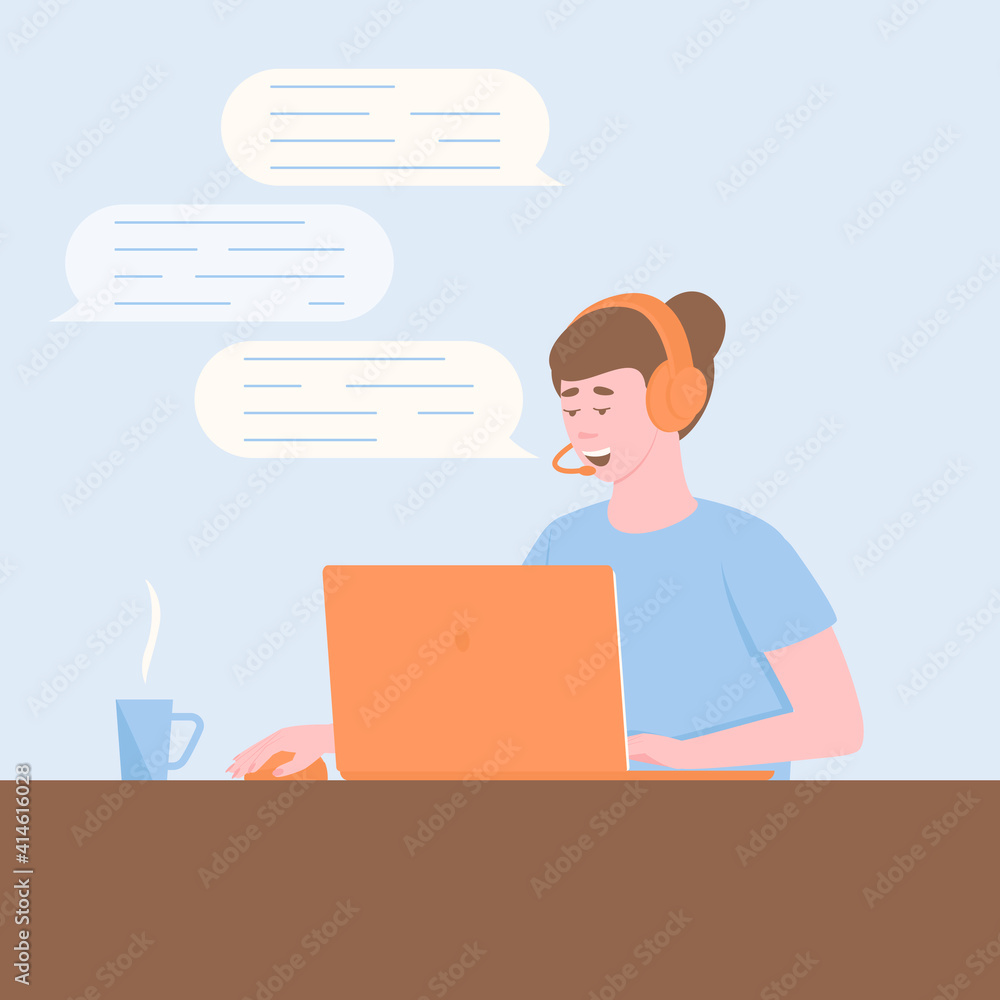 A female hotline operator advises a client. Girl behind a laptop in headphones with a microphone. Online customer support call center. Digital marketing illustration. Flat vector illustration. A female hotline operator advises a client. Girl behind a laptop in headphones with a microphone. Online customer support call center. Digital marketing illustration. Flat vector illustration.