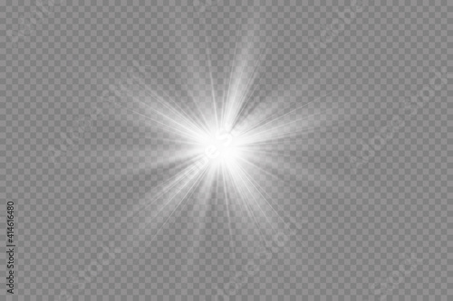 Light effect. Bright Star. Light explodes on a transparent background. Bright sun.