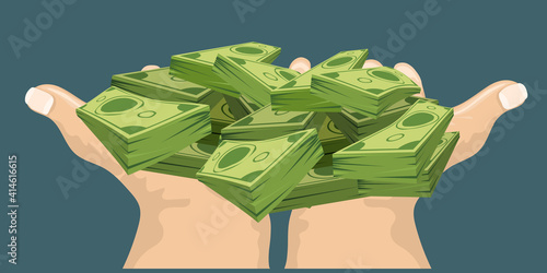 Two Hands showing or holding cash with pay or buying gesture. Finance or bribe concept design. Flat and solid color vector illustration. Front view