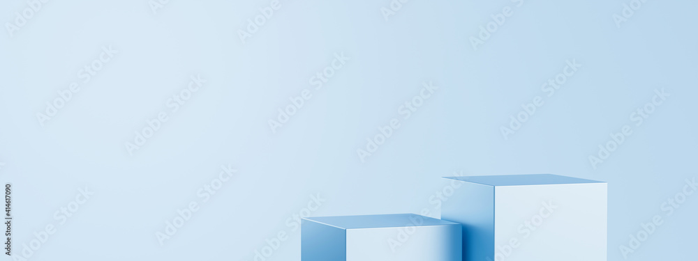 Light blue product background stand or podium pedestal on empty display with blank backdrops. 3D rendering. Light blue product background stand or podium pedestal on empty display with blank backdrops. 3D rendering.