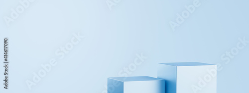 Light blue product background stand or podium pedestal on empty display with blank backdrops. 3D rendering.