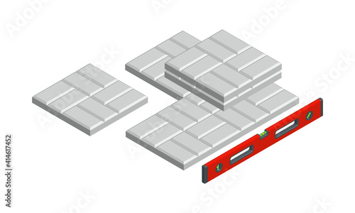 Isometric vector illustration concrete paver blocks and bubble level tool isolated on white background. Realistic colorful pavement laying icon in flat cartoon style. Floor bricks. Street tiles.