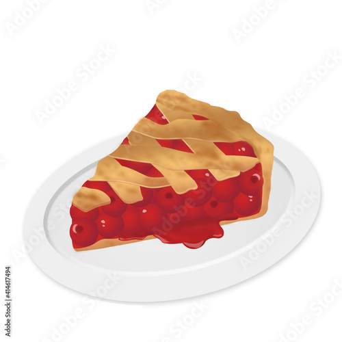 Slice of cherry pie on white