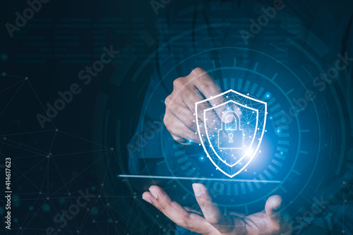 Data or network protection, business people press shield icon, web button, virus security. Data protection and insurance Business security concepts, information security against viruses,system Matrix