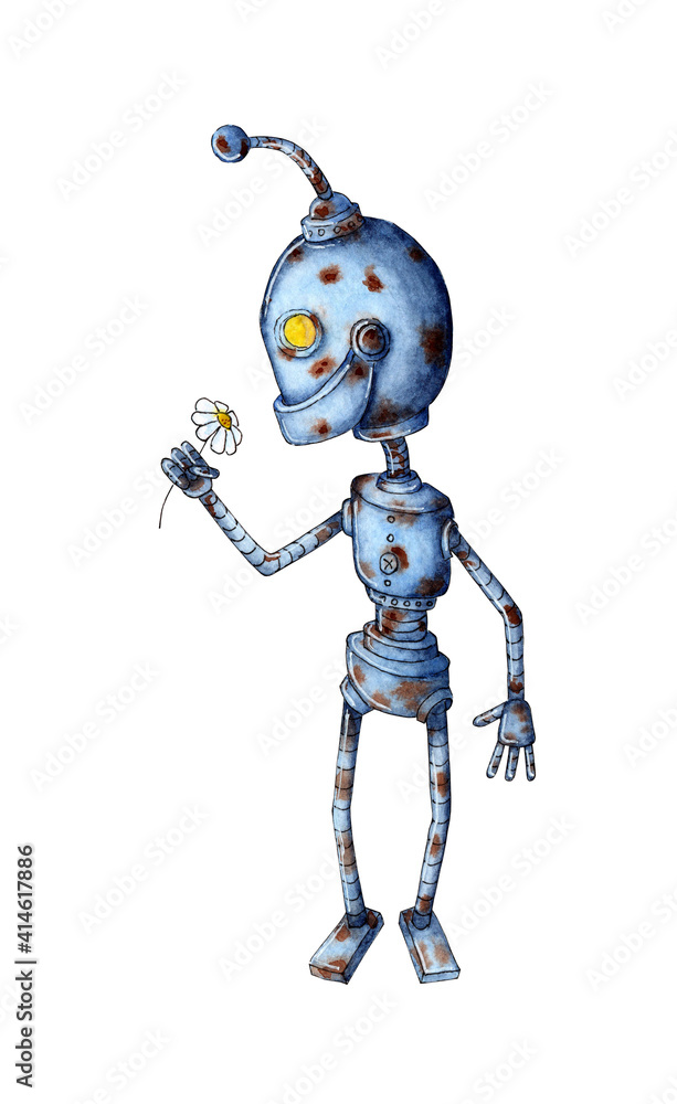 Watercolor illustration of a robot romantic with a camomile in his hand. An old rusty robot sniffs a chamomile. Children's funny picture is isolated on a white background. Drawn by hand. Watercolor illustration of a robot romantic with a camomile in his hand. An old rusty robot sniffs a chamomile. Children's funny picture is isolated on a white background. Drawn by hand.