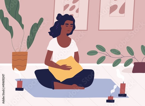 African American woman meditating and performing yoga at home in solitude. Relaxed female character practicing mindfulness meditation and breath control exercises. Flat vector illustration