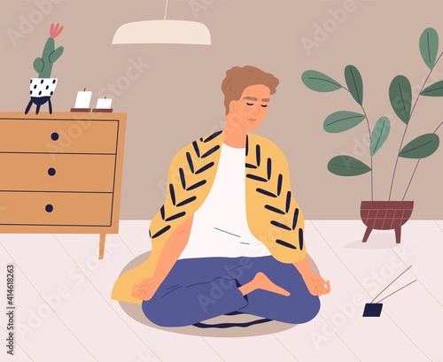 Calm man meditating and practicing yoga exercises at home. Relaxed guy performing mindfulness meditation and breath control techniques in lotus position. Colored flat vector illustration