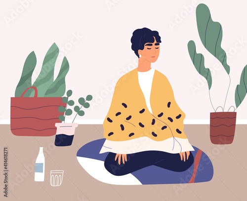Young woman meditating or exercising yoga at home alone. Relaxed female character practicing mindfulness or vipassana meditation, breath control in lotus posture. Colorful flat vector illustration