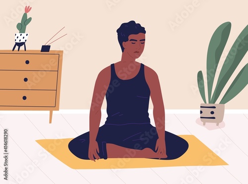African American cross-legged man meditating or yoga at home. Peaceful relaxed guy practicing mindfulness meditation and breath control exercises in silence. Colored flat vector illustration