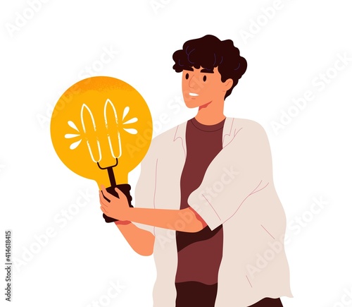 Man holding giant light bulb as symbol of creative ideas generation, and solutions and answers finding. Concept of insight. Colored flat textured vector illustration isolated on white background