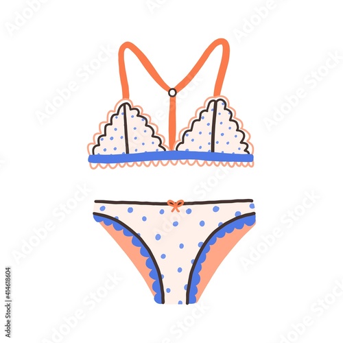 Female underwear with polka dot pattern. Elegant cute lingerie with wireless bra and panties. Brassiere with straps and laces. Colored flat vector illustration isolated on white background