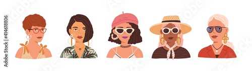 Portraits of different young modern women wearing straw hat, beret, sunglasses and eyeglasses. Set of stylish and fashion female avatars isolated on white background. Colored flat vector illustration