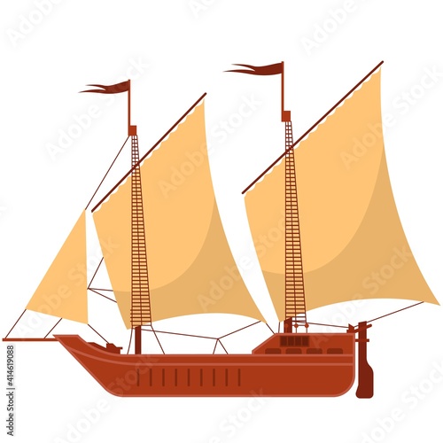 Wooden ship sail boat galley flat vector isolated on white