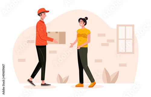 Delivery man handling parcel package box to customer. Vector