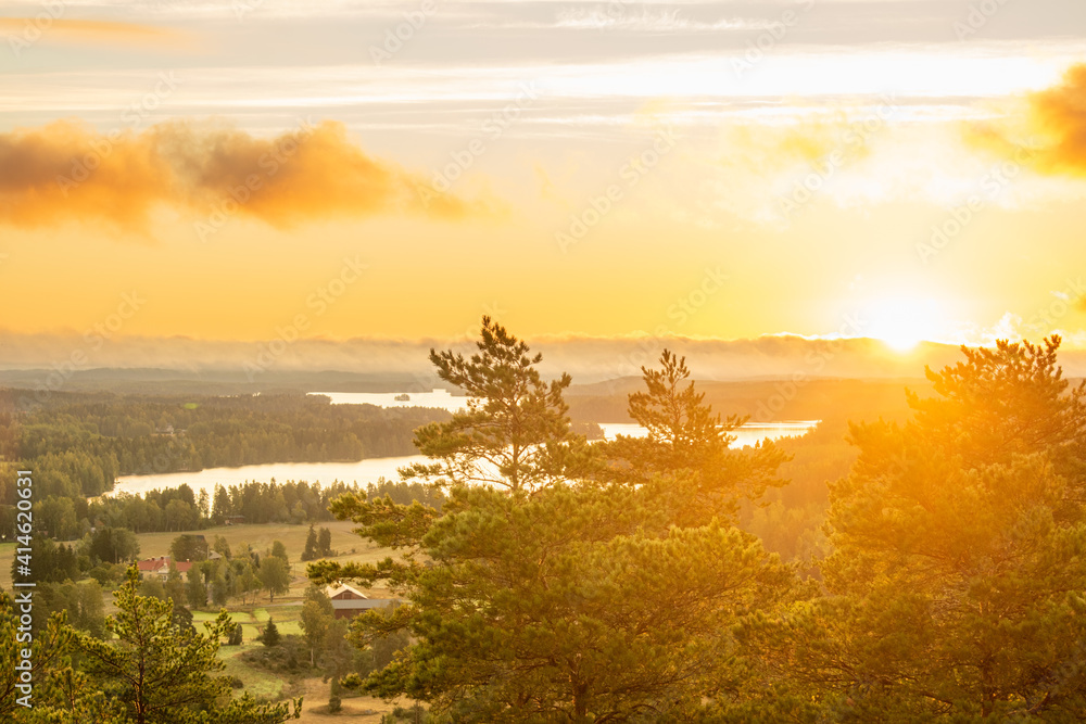 Sunrise with lakes and forests in Kangasala, Finland