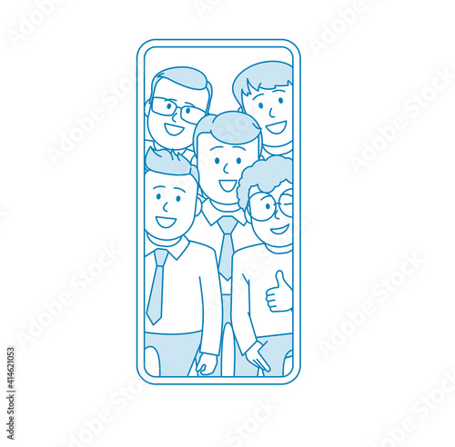 Happy people young guys or office workers take selfie. The characters are male. Art style illustration. Vector