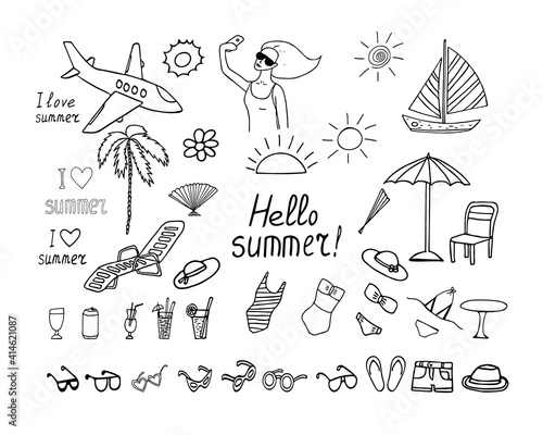 summer vacation set icon sketch hand drawn doodle  minimalism monochrome swimsuit, sun, palm tree, chaise longue, lettering, sunglasses, cocktails, umbrella, shorts, plane sailboat fan hat