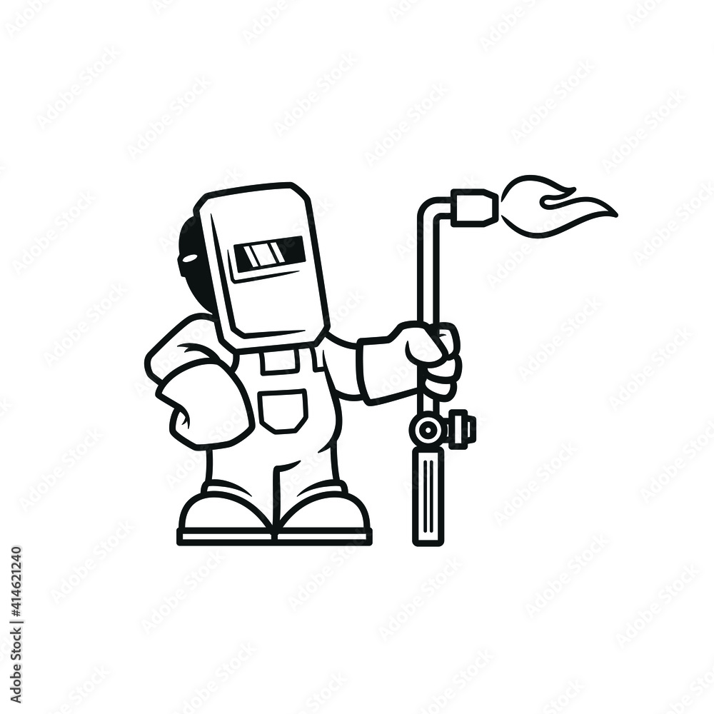 Welder cartoon character in welding mask holding gas torch in gloves