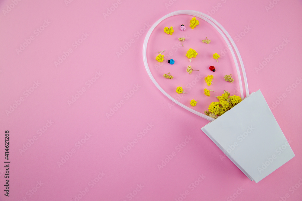 White paper basket with a scattering of dried flowers of immortelle and yarrow with decorative ladybirds on a pink background. Happy March 8th. Happy Valentine's day. Sale.
White paper basket with a scattering of dried flowers of immortelle and yarrow with decorative ladybirds on a pink background. Happy March 8th. Happy Valentine's day. Sale.
