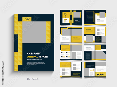 Sixteen Pages company profile brochure . Brochure creative design. Multipurpose template with cover, back and . Trendy minimalist flat geometric design.