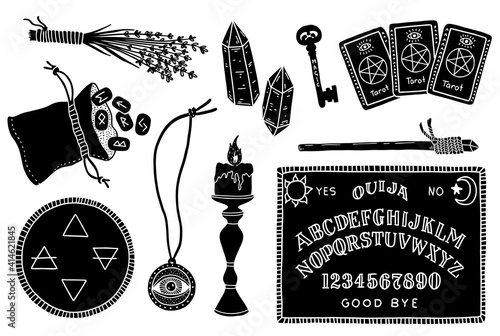 A set of magical and mystical items for fortune telling and spiritualism. Occult and esoteric subjects.
