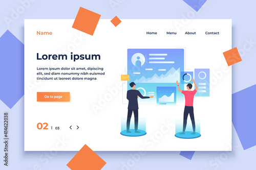 People working on futuristic virtual screens. Future, VR, cyberspace concept. Vector illustration can be used for topics like business, technology, virtual reality