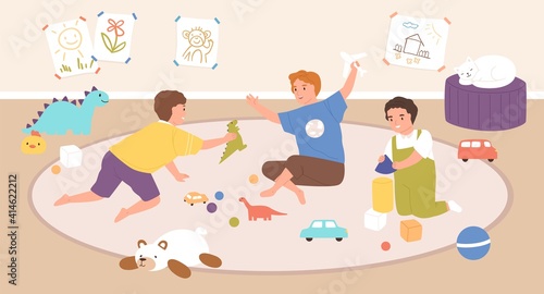 Children playing indoors with toys. Boys sitting together on carpet in playroom at home or kindergarten together. Colorful flat vector illustration
