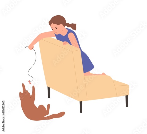 Happy little girl playing with cat. Kid holding string with bow and enertaining pet. Colored flat vector illustration isolated on white background