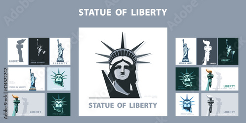 Statue of Liberty design template set. Banner, geometric multicolored flat design. New York. Booklet, album poster. Name of the Annual Report Ad Text. X-banner. Information banner, vector illustration