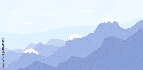 Ridge of blue mountains with ice peaks. Calm and peaceful scene of Alps. Sere...
