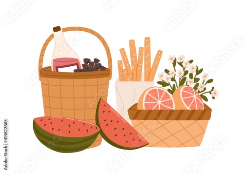 Composition of picnic baskets with delicious meals and snacks for outdoor romantic dinner bottle of wine, breadsticks and fruits. Colorful flat vector illustration isolated on white background