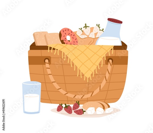 Composition of non alcoholic picnic basket with bottle of milk, sliced bread, strawberries and sweet dessert. Colorful flat vector illustration isolated on white background