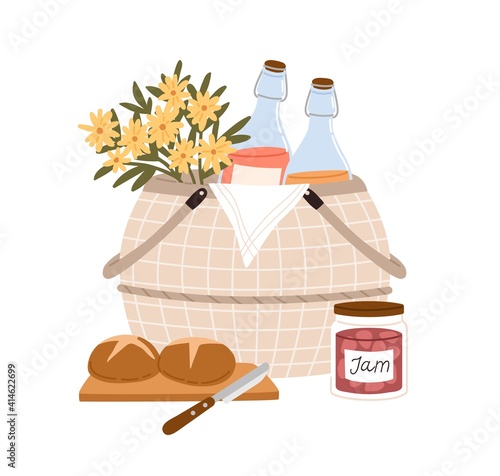 Composition of picnic basket with flowers and snacks for outdoor romantic dinner bottles of fruit lemonade, bread and jar of jam. Colorful flat vector illustration isolated on white background