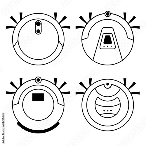 Set of Robot vacuum cleaners. Household cleaning equipment. Vector illustration in outline style isolated on white background.