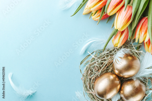 Photography Golden easter colour eggs in basket with spring tulips, white feathers on pastel blue background in Happy Easter decoration