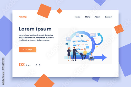 Teem discussing project at Kanban board. Scrum meeting, conversation, working on laptop. Business concept. Vector illustration can be used for presentation slides, landing pages, posters