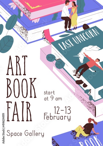 Design of advertising poster for book fair. Template of flyer for art literature festival. Vertical promotion banner with place for text. Colored flat vector illustration on white background